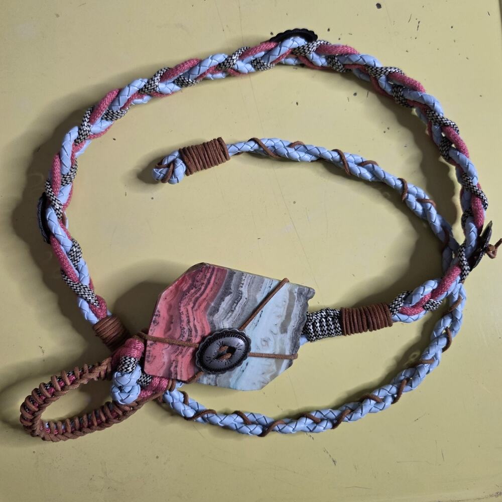 Vtg 80s Manett Stone Concho Braided Belt 52" Artisan Wearable Art Boho Western